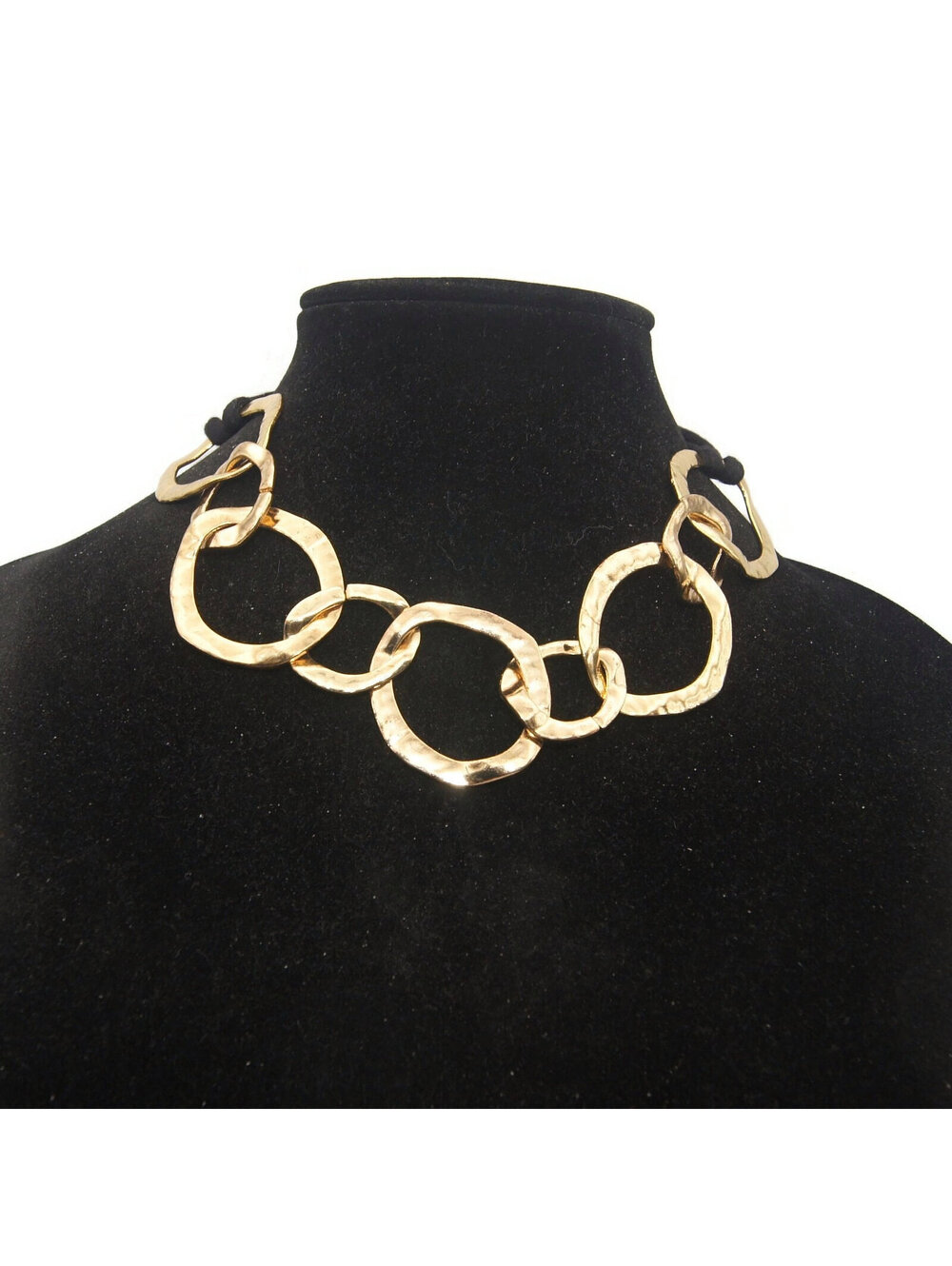 Vintage Gold Tone and Black Cord 16 Inch Link Necklace with Spring Ring Clasp.